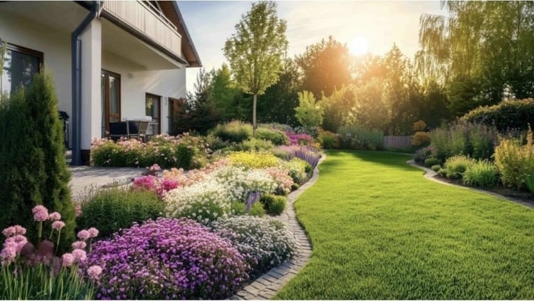 Modern house with lush garden featuring purple flowers, green lawn, and winding stone pathway at sunset