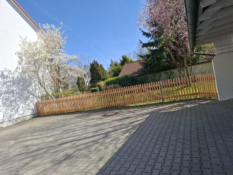Residential driveway with paved surface, wooden fence, and spring trees under clear blue sky
