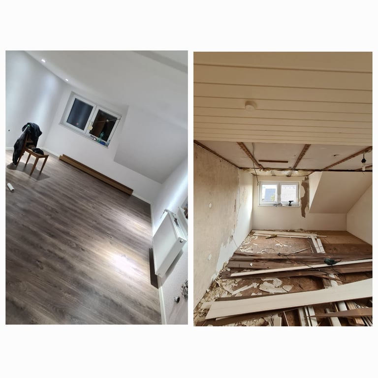 Before and after comparison of a room renovation showing a finished modern space on the left and construction in progress on the right