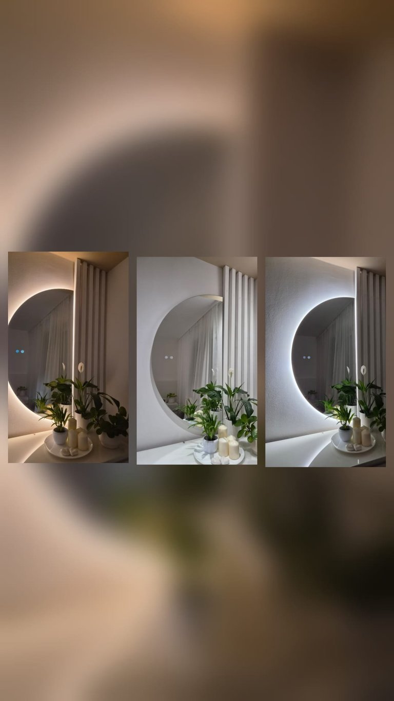 Three modern bathroom vanities with illuminated circular mirrors, potted plants, and vertical striped wall panels in neutral tones