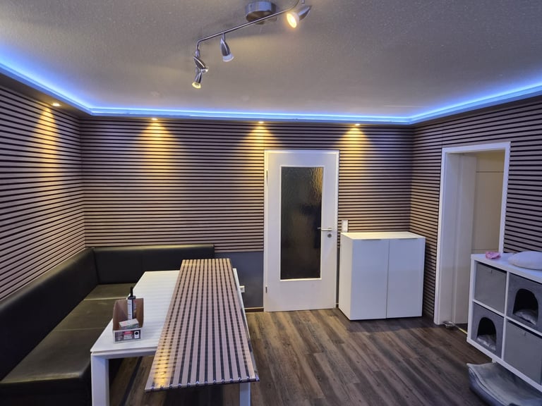 Modern interior space with striped walls, blue LED ceiling lighting, wooden floor, built-in bench seating, and white storage furniture