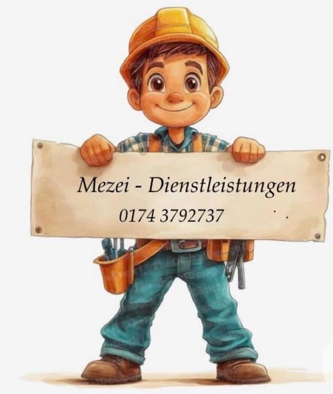 Cartoon handyman character in hard hat and work clothes holding a sign for Mezei-Dienstleistungen with phone number