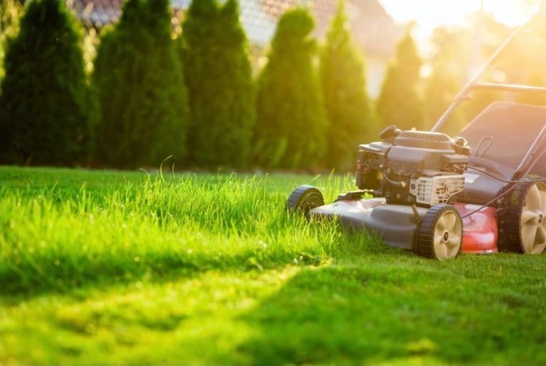 Red and black push lawn mower on freshly cut green grass with evergreen trees and sunset in background