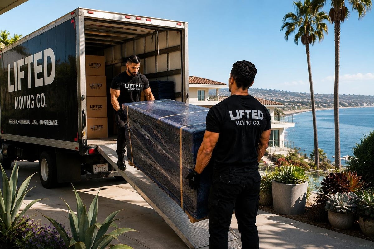 Lifted Co movers carrying a large piece of furniture from a moving truck on a coastal hillside