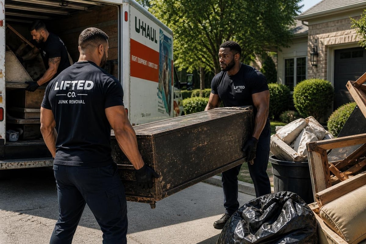 Lifted Co moving crew loading an old bathtub into a white moving truck on a residential driveway