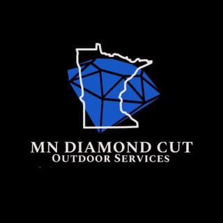 MN Diamond Cut Outdoor Services logo featuring Minnesota state map with blue diamond shape and white outline on black background