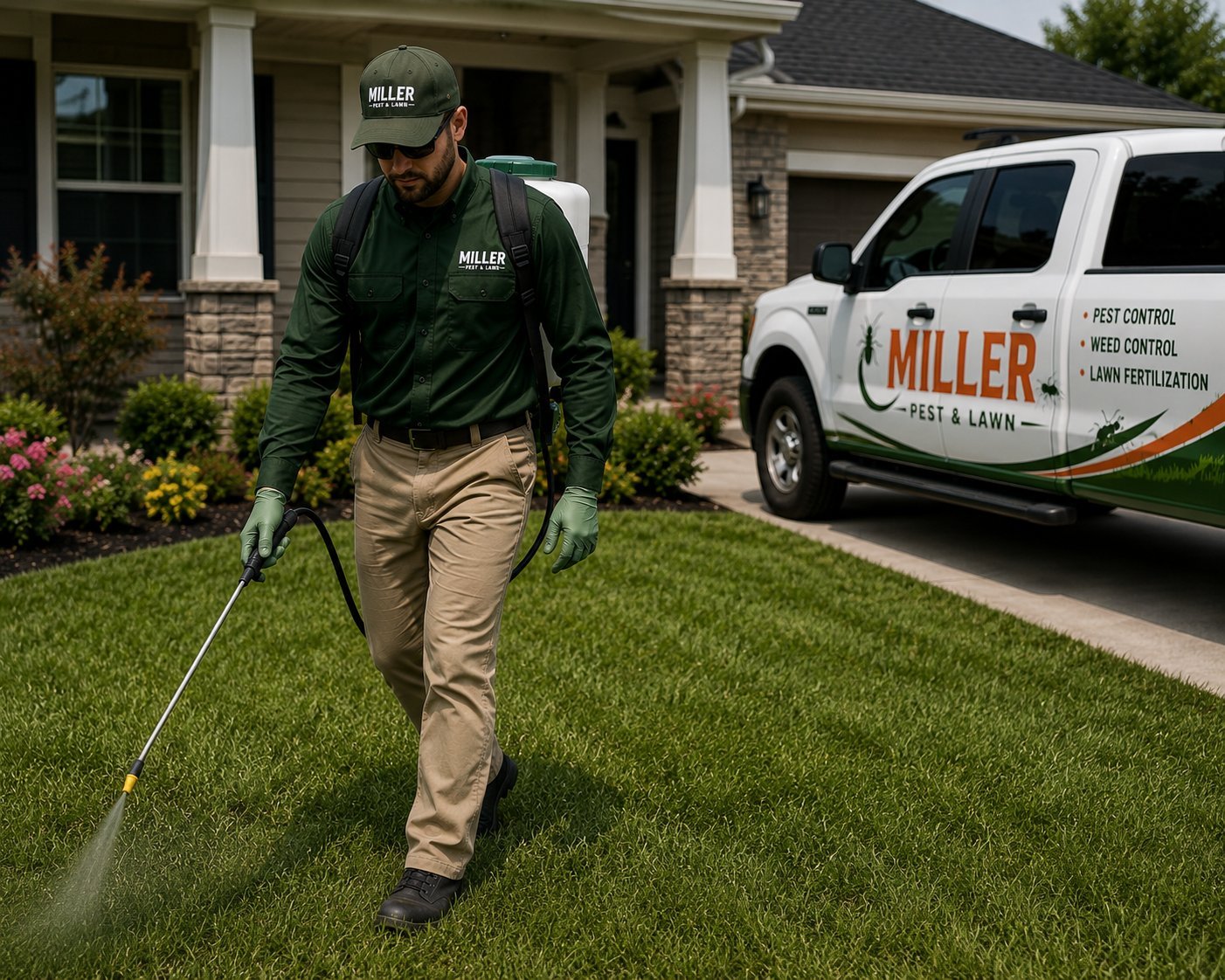 Miller pest control technician spraying lawn treatment in front of residential home with service van in driveway