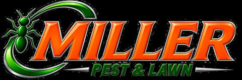 Miller Pest and Lawn logo featuring green ant graphic with orange text