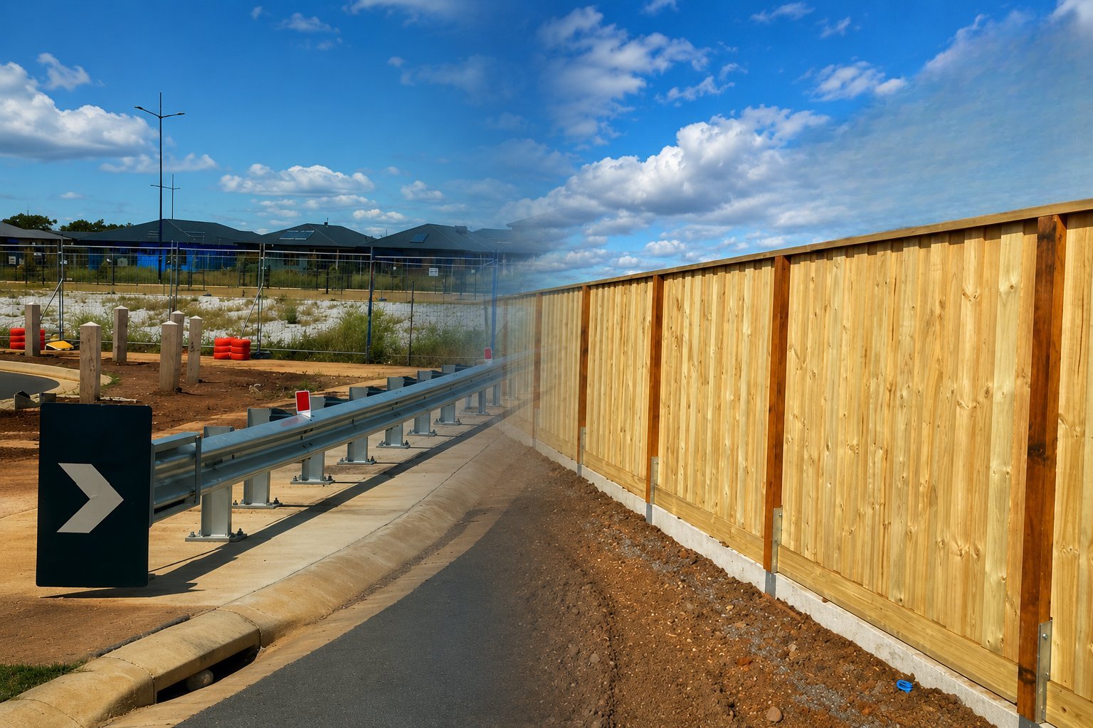 Construction site with new wooden fence, directional sign, and blue sky with mountains in the background