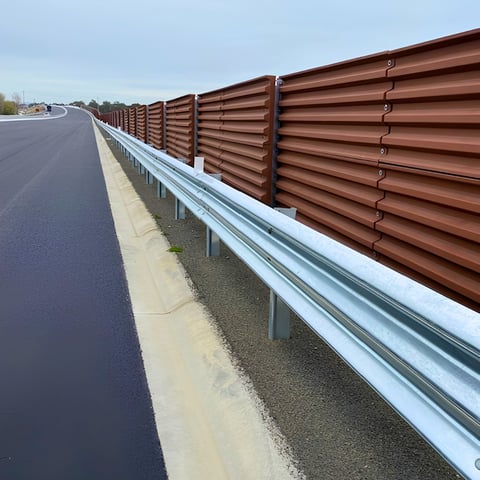 Brown metal corrugated noise barrier wall along highway with metal guardrail and asphalt road visible