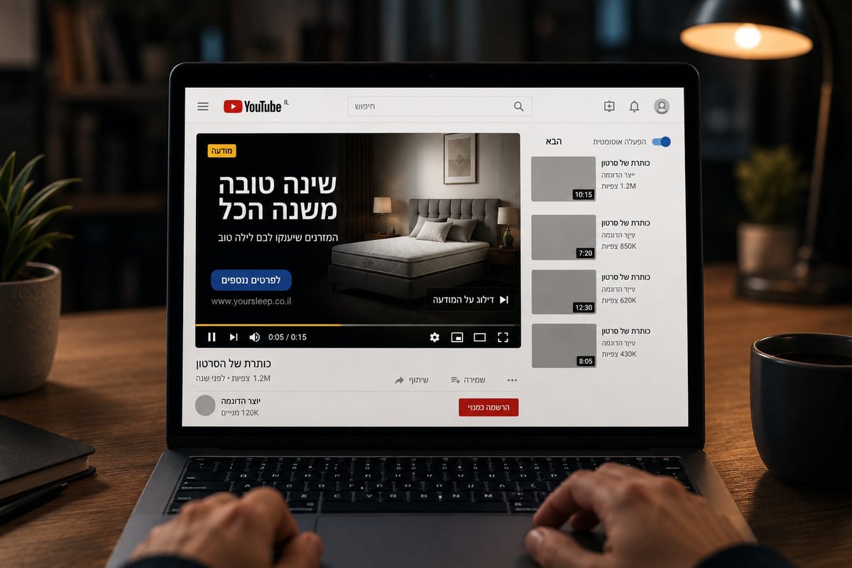 פרסום ביוטיוב — אדם צופה במודעת וידאו בעברית למותג רהיטים על מסך המחשב הנייד בשולחן עבודה