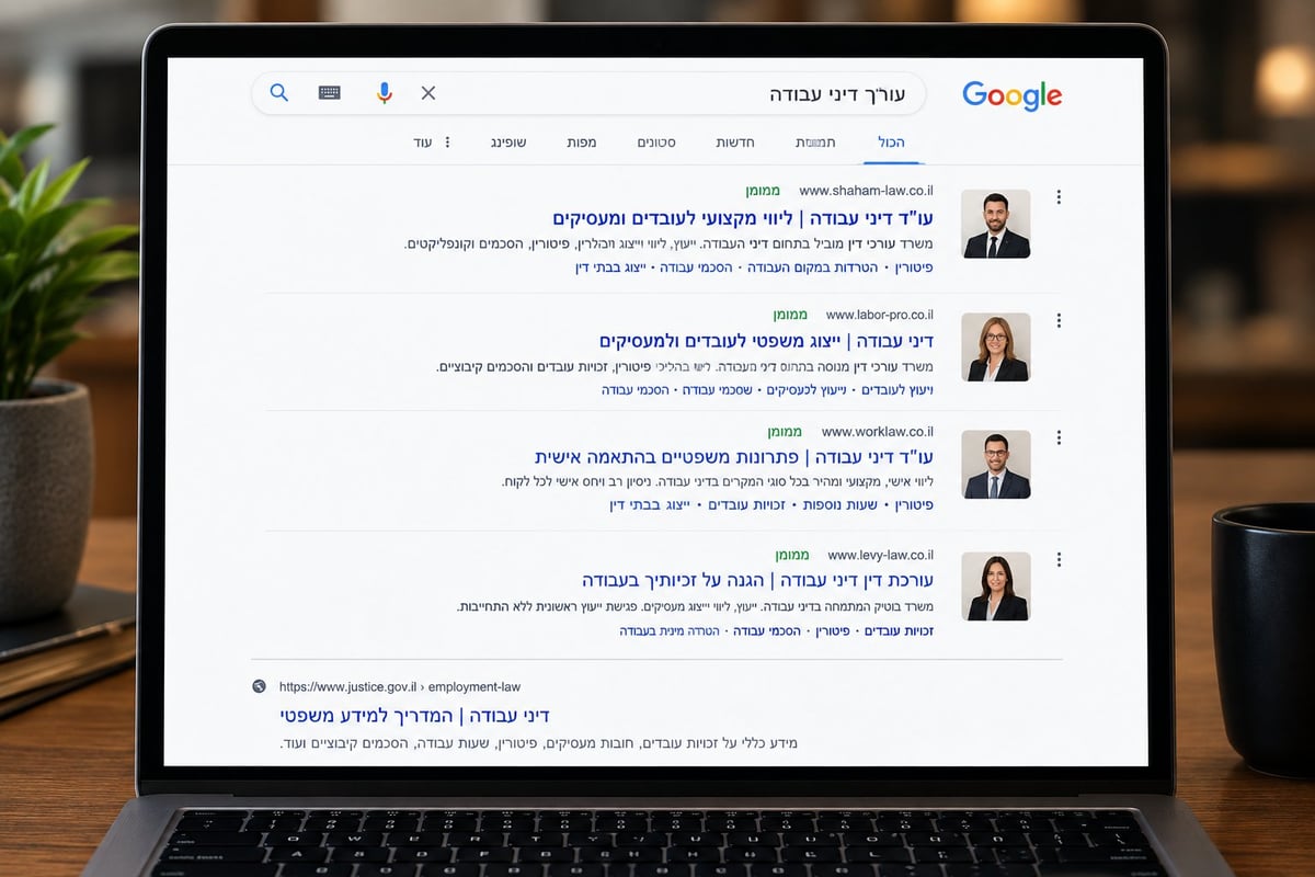 פרסום בגוגל — תוצאות חיפוש בעברית של עורכי דין על מסך מחשב נייד בשולחן עץ