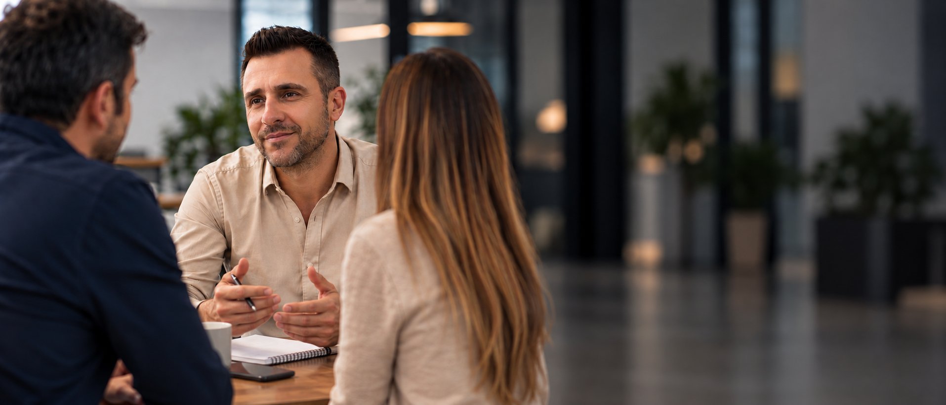Three business professionals having a conversation in a modern office lobby with plants in the background