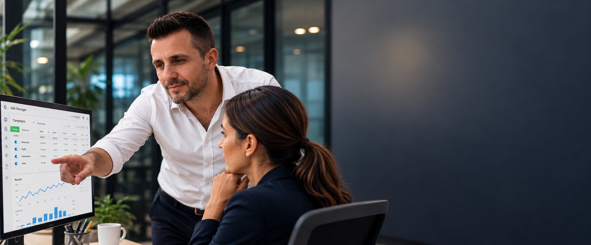 Man and woman discussing data analytics on computer monitor in modern office setting