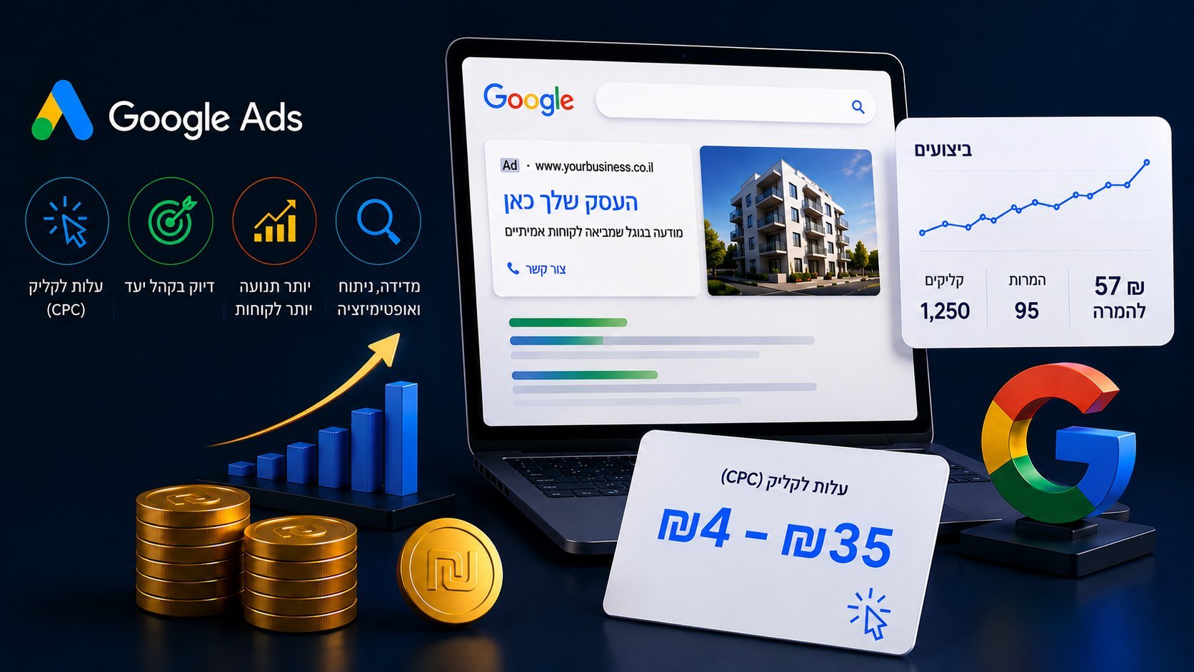 ממשק Google Ads עם תוצאות חיפוש, לוח אנליטיקה, מדדי ביצוע ועלות לקליק בשקלים