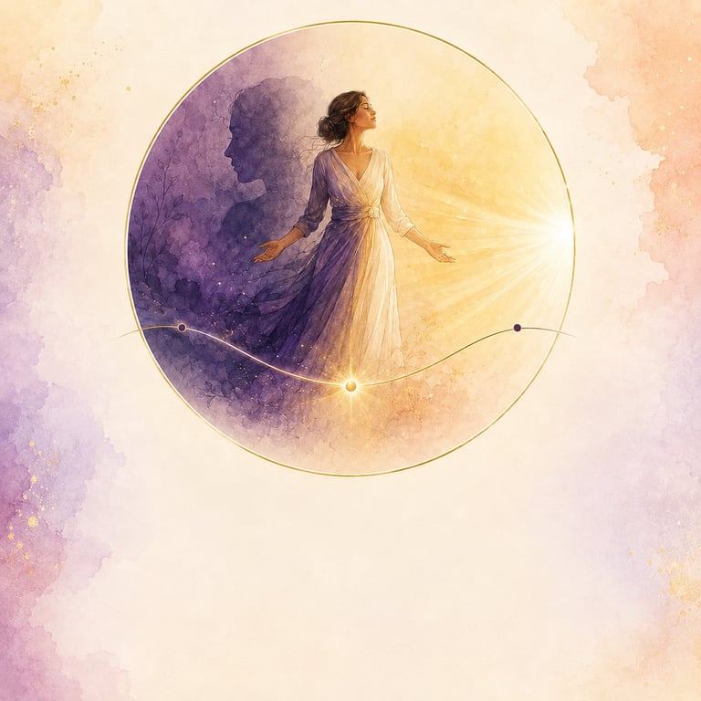 Ilustración en acuarela de una mujer con vestido fluido que camina hacia la luz dentro de un orbe circular, contra un fondo suave en tonos morados y dorados