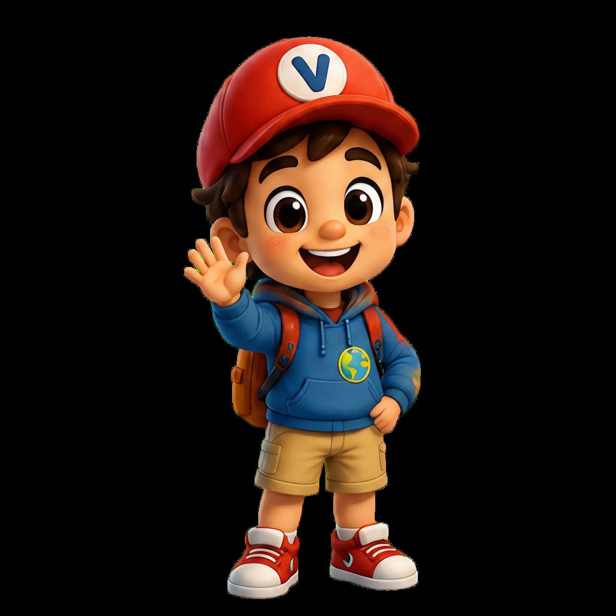 Niño alegre con gorra roja con V, chaqueta azul con parche del planeta tierra, shorts caqui, mochila y saludando