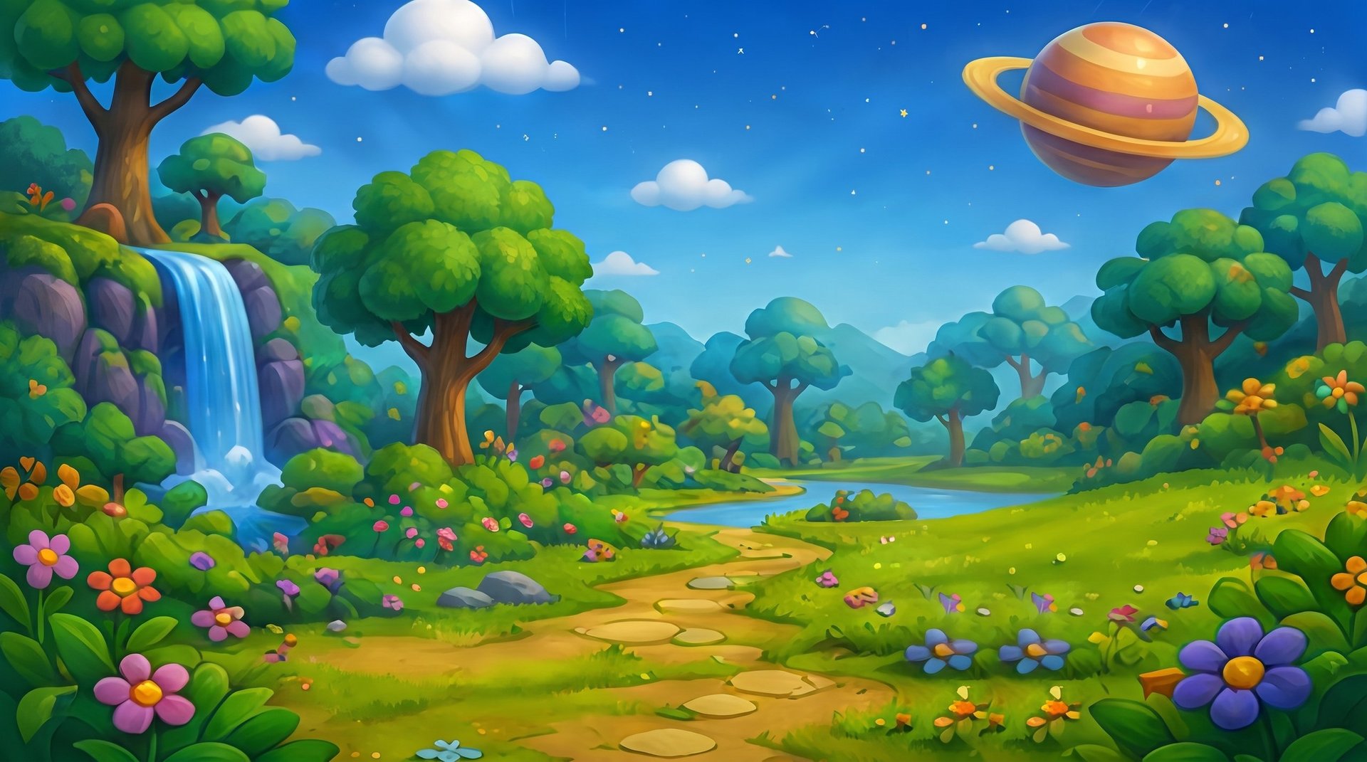 Illustrated fantasy landscape with vibrant green trees, colorful flowers, waterfall, blue sky with clouds and planet in background