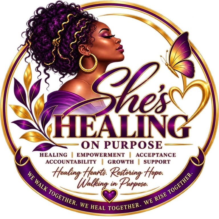 Logo for Shes Healing On Purpose featuring a Black woman with purple curly hair, gold hoop earrings, surrounded by purple and gold botanical elements and a butterfly