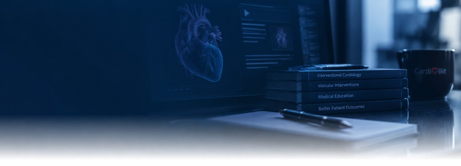 Corazón anatómico digital sobre escritorio con libros clínicos de cardiología intervencionista, intervenciones vasculares y educación médica