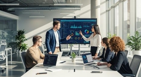 Business team analyzing data analytics dashboard on large display screen in modern office conference room