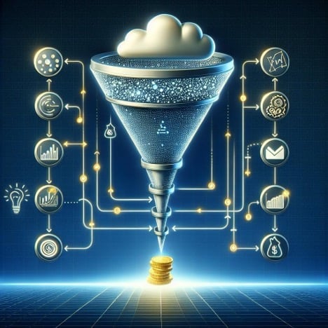 Digital illustration of a funnel with cloud and data icons connected by glowing lines, representing data processing and analytics workflow