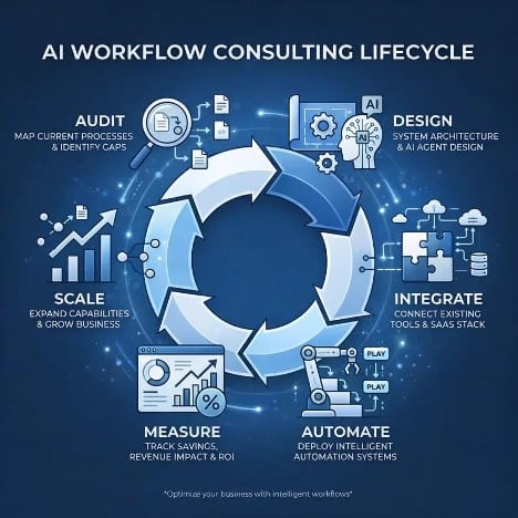 AI Workflow Consulting Lifecycle diagram showing six circular steps: Audit, Design, Integrate, Automate, Measure, and Scale with icons and descriptions on a blue background
