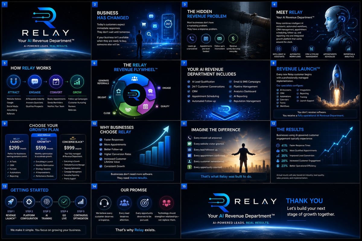 Multi-slide presentation deck for Relay software showing business benefits, features, pricing, and growth analytics with blue tech-themed design