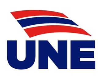 UNE logo with red and white wavy stripes above dark blue letters