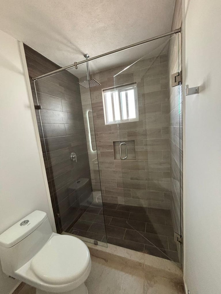 Modern bathroom with walk-in shower featuring glass enclosure and dark tile walls, white toilet visible on left side
