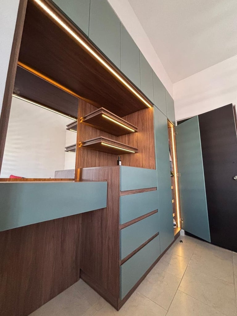 Modern kitchen with wood and green cabinetry, open shelving, LED lighting, and minimalist design in a contemporary space