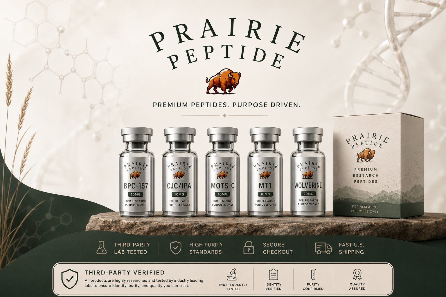 Prairie Peptide product display showing five glass bottles of peptides with packaging box and marketing icons on wooden surface