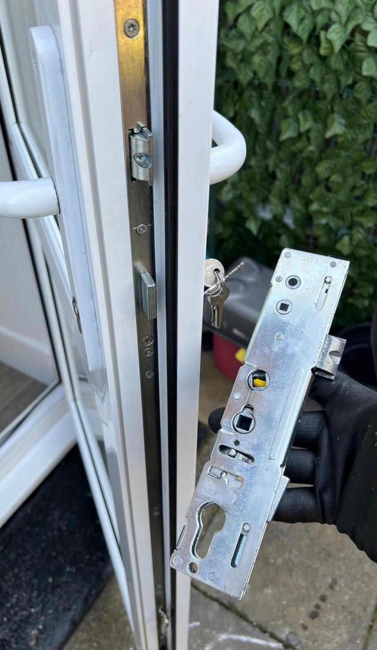 Close-up of a metal door lock mechanism on a white door frame with garden foliage visible in background