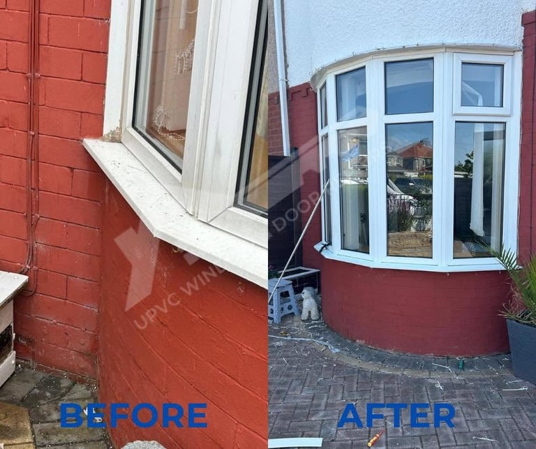 Before and after comparison of exterior renovation showing a weathered red brick building transformed to white window frame and manicured red-brown exterior