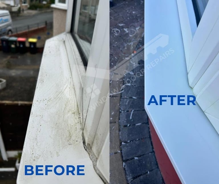 Before and after comparison of a dirty white building trim transformed to clean white trim through professional cleaning