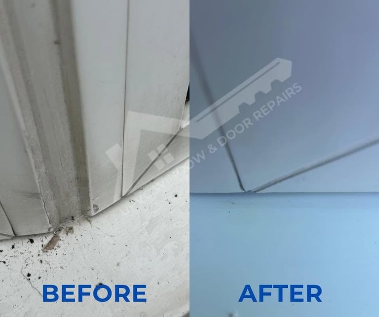 Before and after comparison showing door frame repair. Left side shows dirty, damaged corner. Right side shows clean, repaired corner.