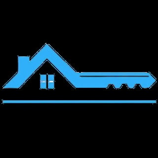 Blue icon of a house with a peaked roof, window, and a train car extending from it
