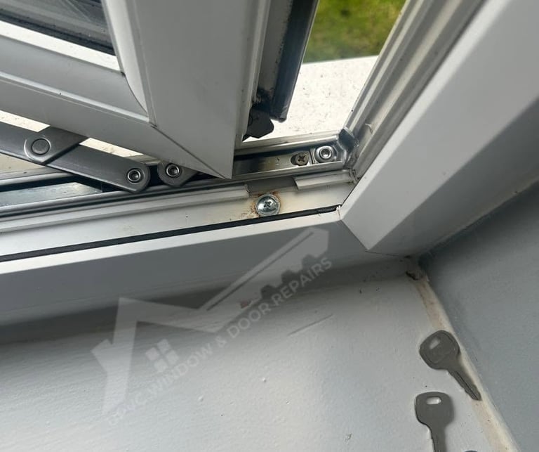 Close-up of an open casement window hinge and frame hardware with green outdoor background visible