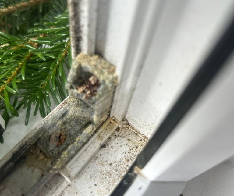 Close-up of dirty window sill with dust and debris accumulation next to evergreen plant foliage