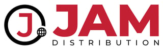 JAM Distribution logo featuring red text with a circular black icon containing a stylized J and globe symbol