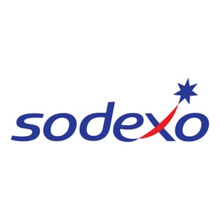 Sodexo company logo featuring blue text with a red arrow and blue star symbol