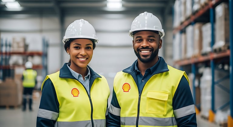 Two warehouse workers in hard hats and high-visibility vests smiling at camera in industrial warehouse setting
