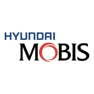 Hyundai Mobis logo featuring blue Hyundai text above black Mobis text with red circular design