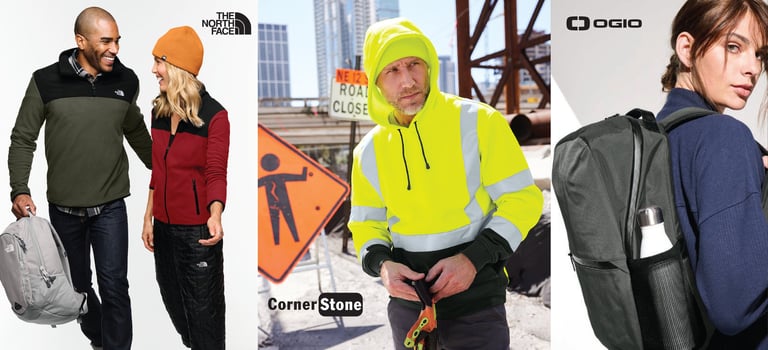 Collage of four outdoor apparel scenes: couple in winter jackets, woman in beanie, worker in neon vest, and two people wearing backpacks
