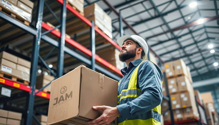 Warehouse worker wearing hard hat and safety vest holding cardboard box in industrial storage facility with shelving.