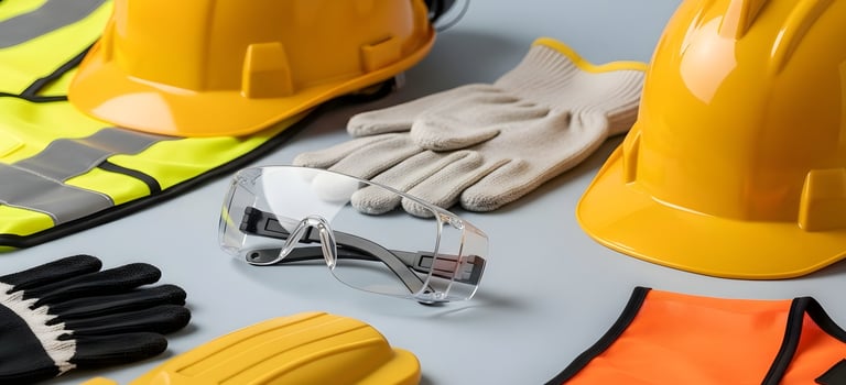 Safety equipment laid out including yellow hard hats, work gloves, protective goggles, and a reflective orange safety vest on a gray surface