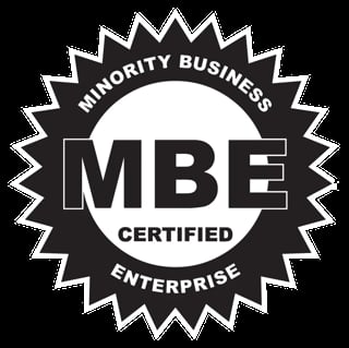 Black and white MBE Certified badge with star border indicating Minority Business Enterprise certification