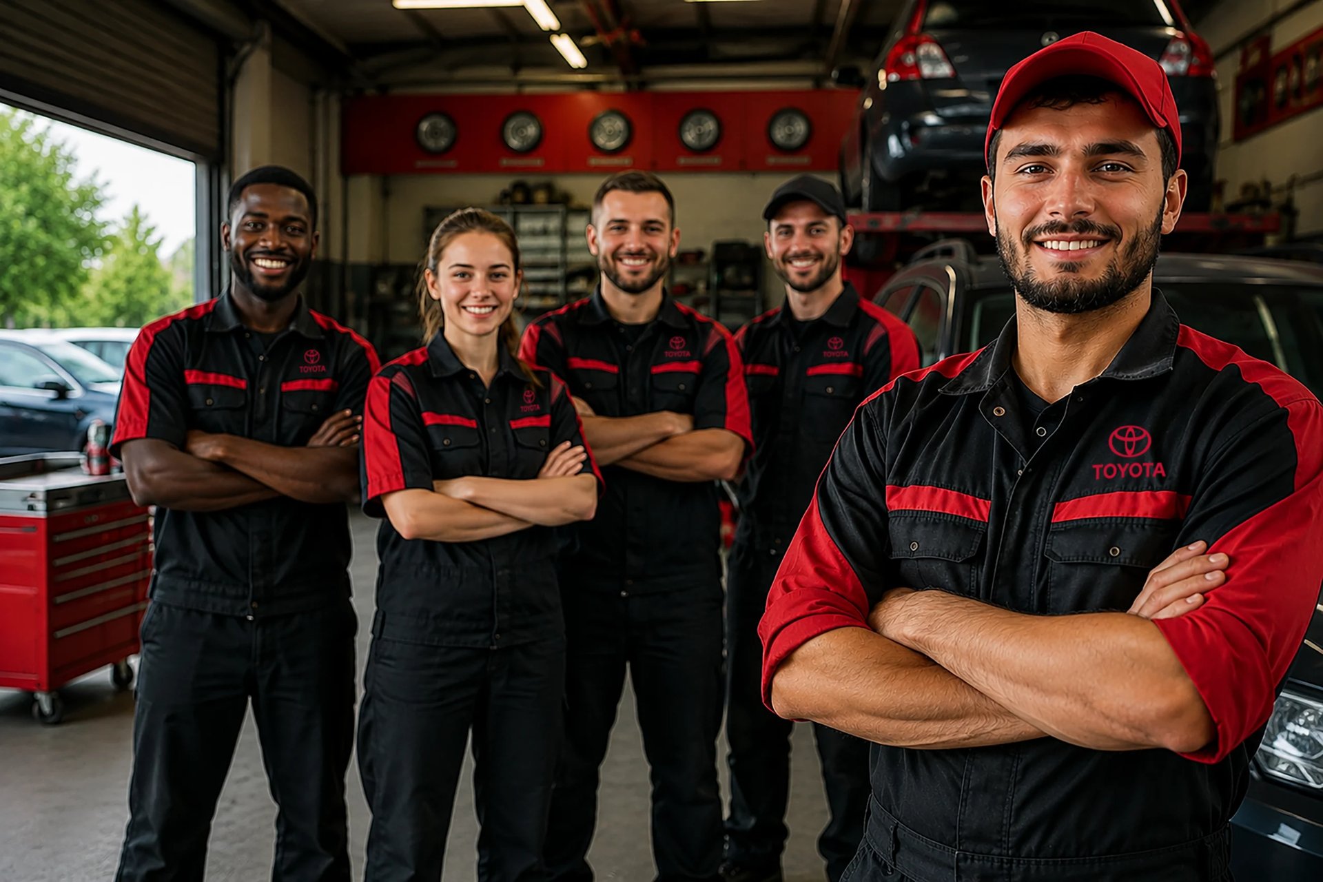 Five automotive technicians in red and black uniforms smiling with arms crossed in a garage workshop setting