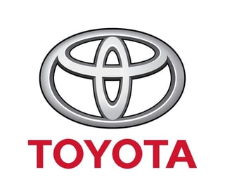 Toyota logo featuring a gray oval emblem with three interlocking ovals, above the word Toyota in red text