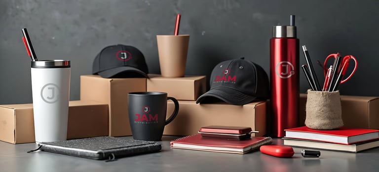 Collection of branded merchandise including white and red tumblers, black caps, red vacuum bottle, office supplies, and kraft packaging boxes arranged on gray surface